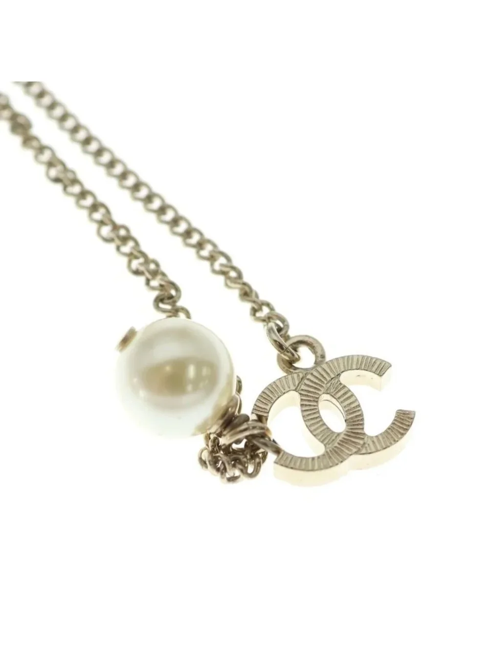 Chanel CC Logo Double Strand Pearl Pendant Chain White Gold